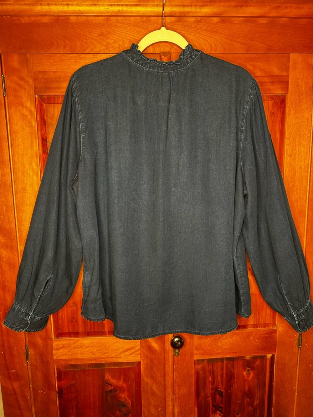 Chambray Embroidered Lace Cutwork Yoke Long Sleeve Blouse Peasant Cottagecore - Picture 4 of 14